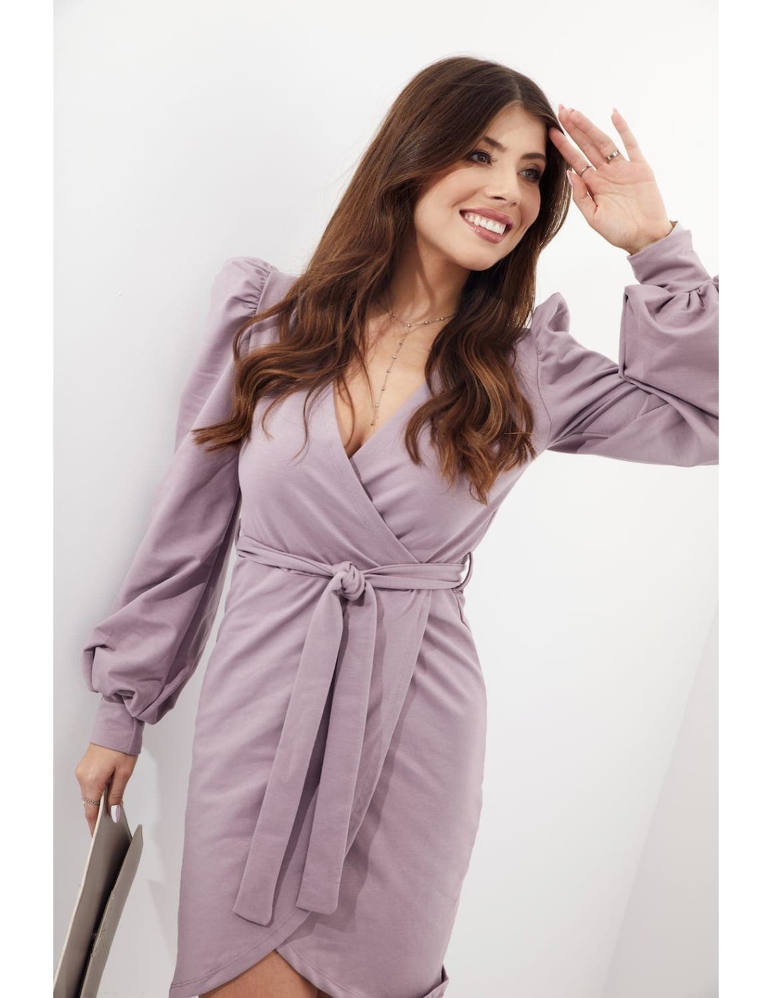 Rochie plic cappuccino cu maneci umflate FI701 - Magazin online - Boutique